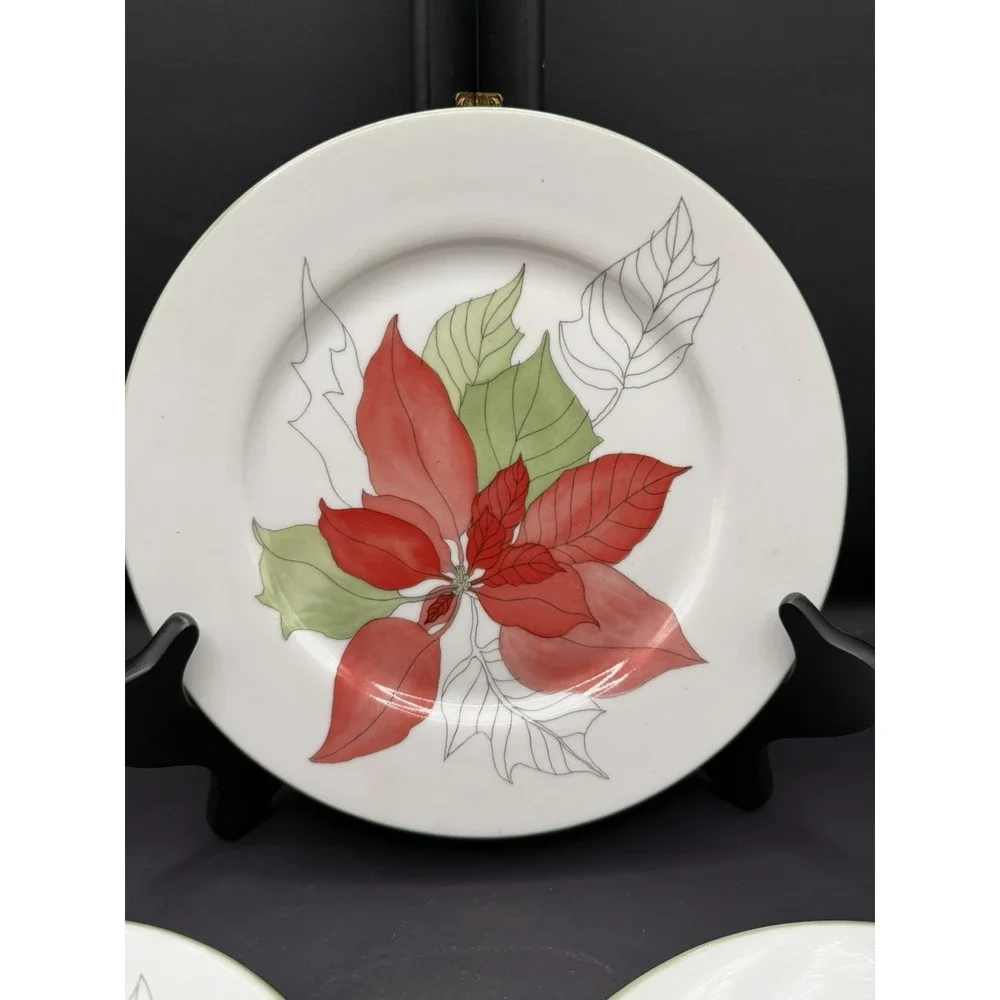 Set Of 3 Salad Plates Block Spal China Poinsettia Pattern Christmas 8
